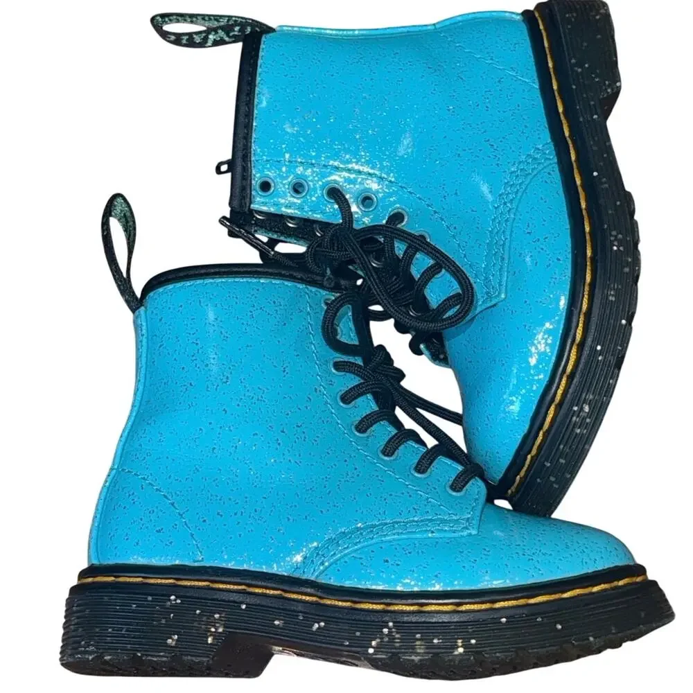 Dr Martens 1460 Cosmic Glitter Turquoise Toddler Boots Size 7 EUC Side Zip
